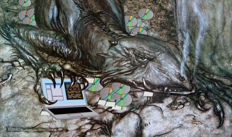 Un dragón repousa sobre unha morea de discos de ordenador. 