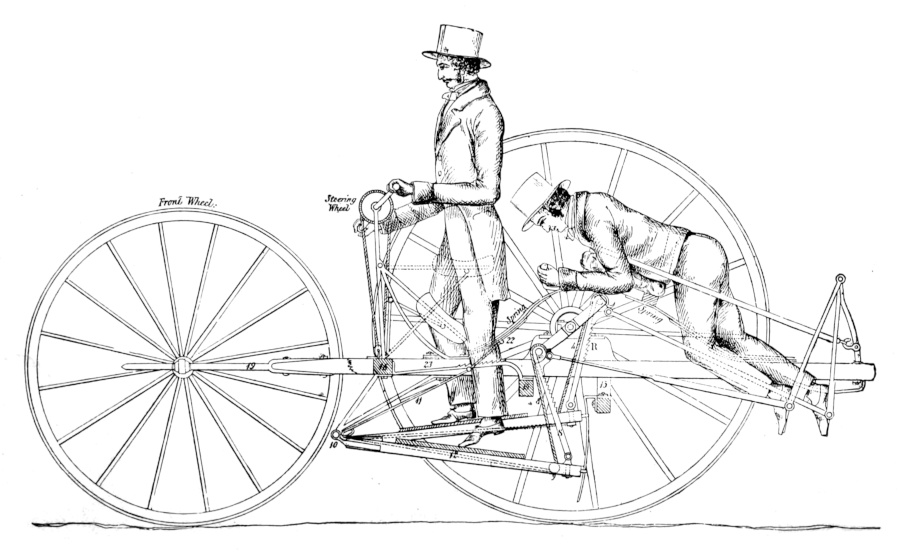 Dous homes operando un modelo de bicicleta moi estrafalario.