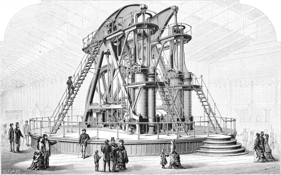 Unha máquina de vapor xigantesca rodeada de xente vestida con roupa do século XIX, e un home subindo as escaleiras que levan ao cumio da máquina.