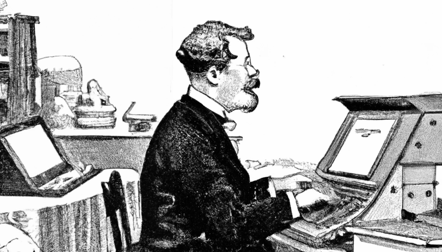 Un home vestido coma no século XIX traballa nunha máquina semellante a un ordenador.