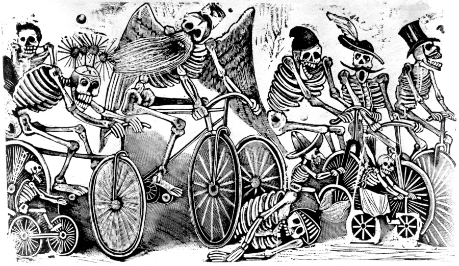 Unha morea de esqueletes montando en bicicleta.