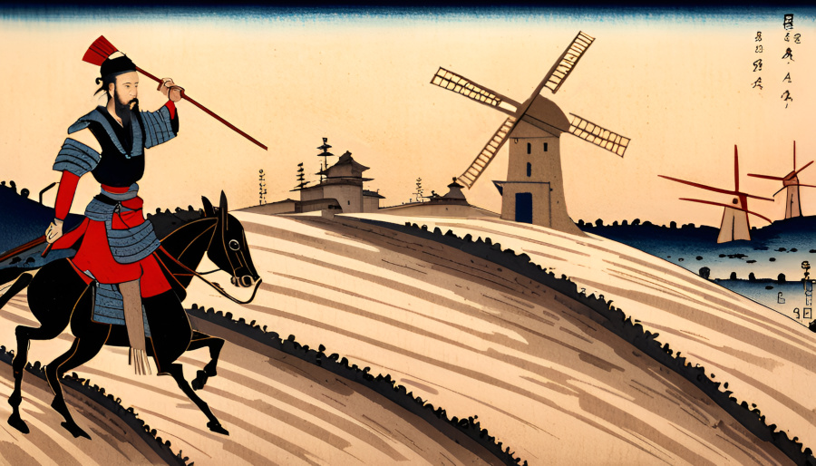 Un debuxo ao estilo xaponés da era Edo de Don Quixote atacando o muíño.