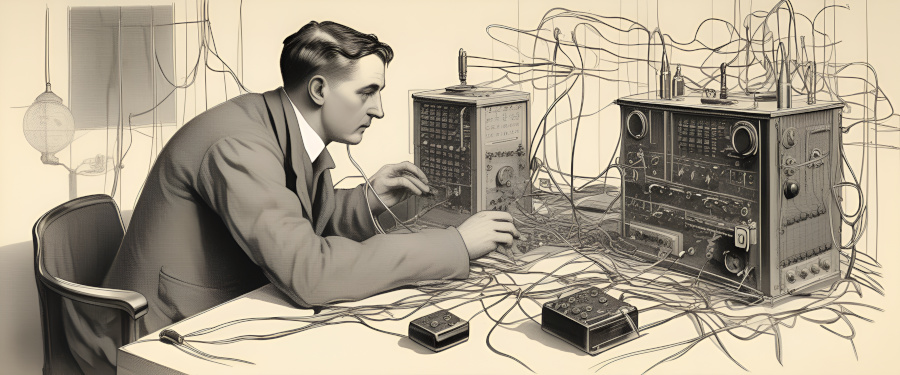 Un home operando un aparello electrónico rodeado de cabos.