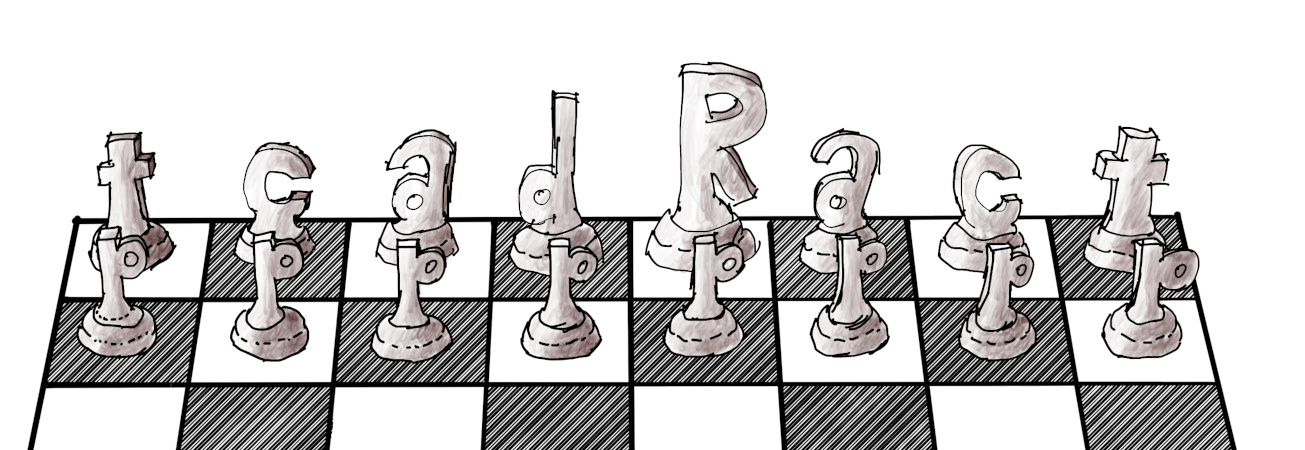 Un taboleiro de xadrez con pezas que son letras do alfabeto.