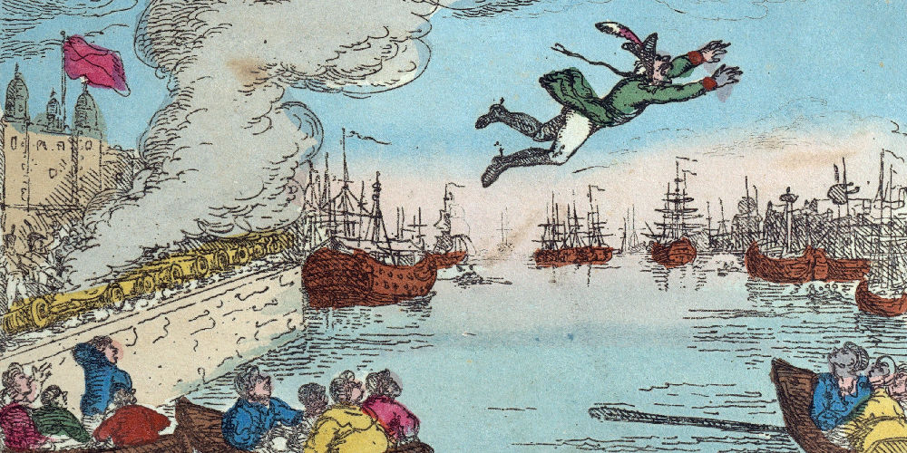 O Barón Munchausen cruza o río Támesis voando polos aires.