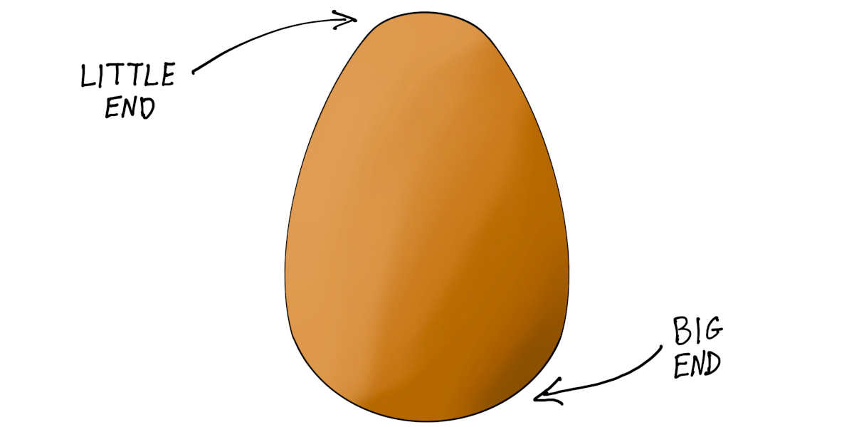 Un ovo con letreiros que din “Little end” e “Big end”